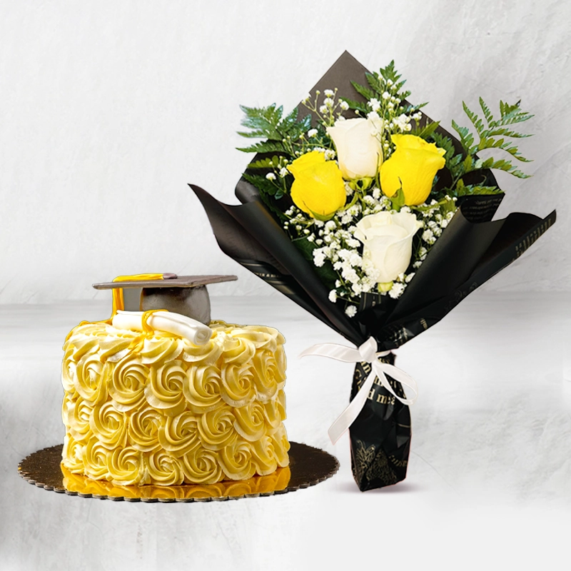 Golden Graduation Day Cake With Flowers Combo