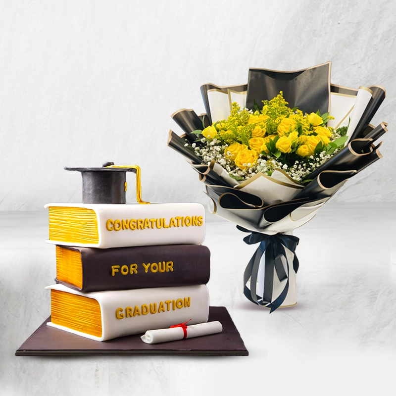 Book Shape Graduation Day Cake With Flowers Combo