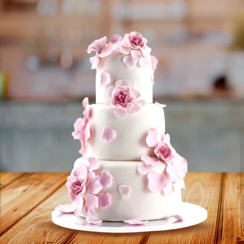 Three-Tier Pink Flower Wedding Cake