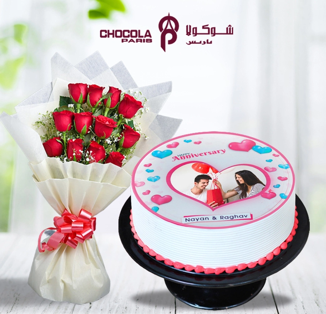Anniversary Special Photo Cake with Rose Bouquet in Qatar