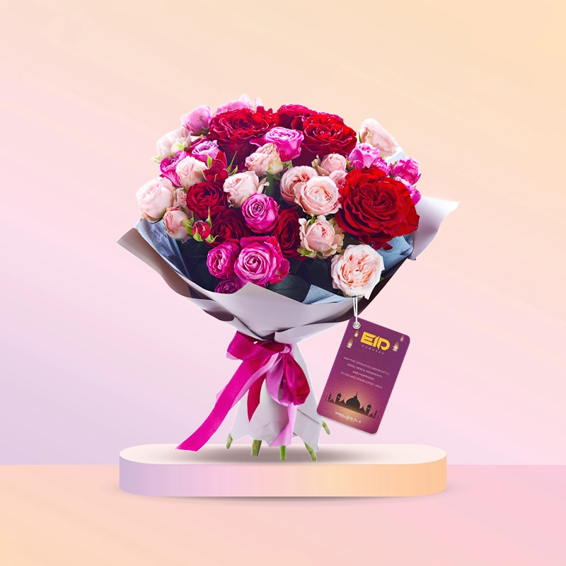 Vibrant Rose bouquet with eid Special card in Qatar